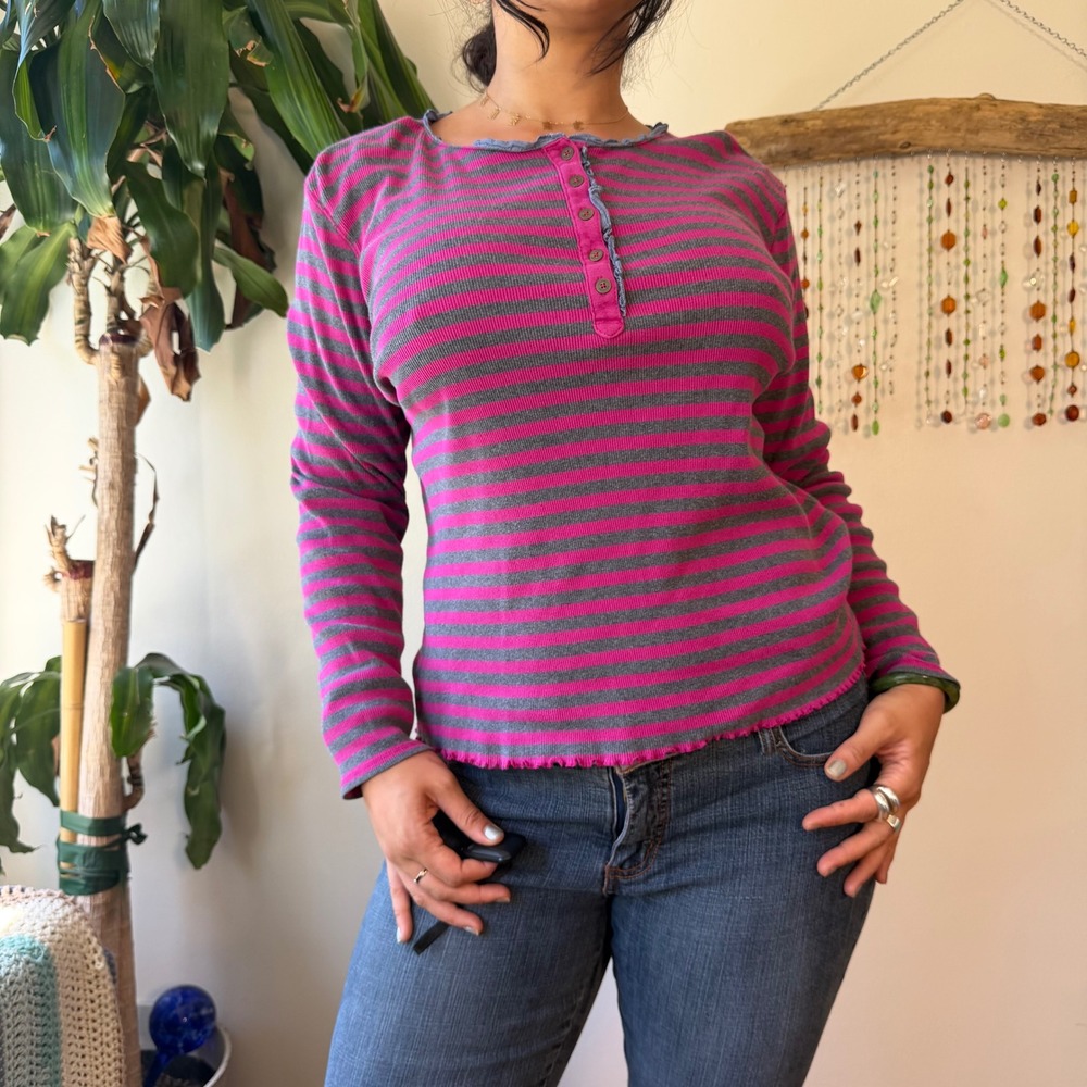 Tommy Hilfiger Pink Grey Striped Henley Top Ruffle Trim Alt Twee XL Tweemo y2k
